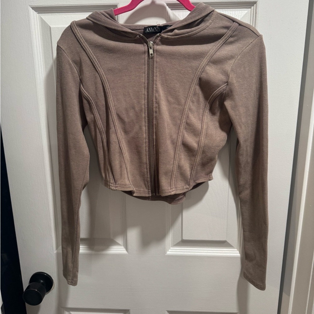 Tan Cropped Zip Up Hoodie